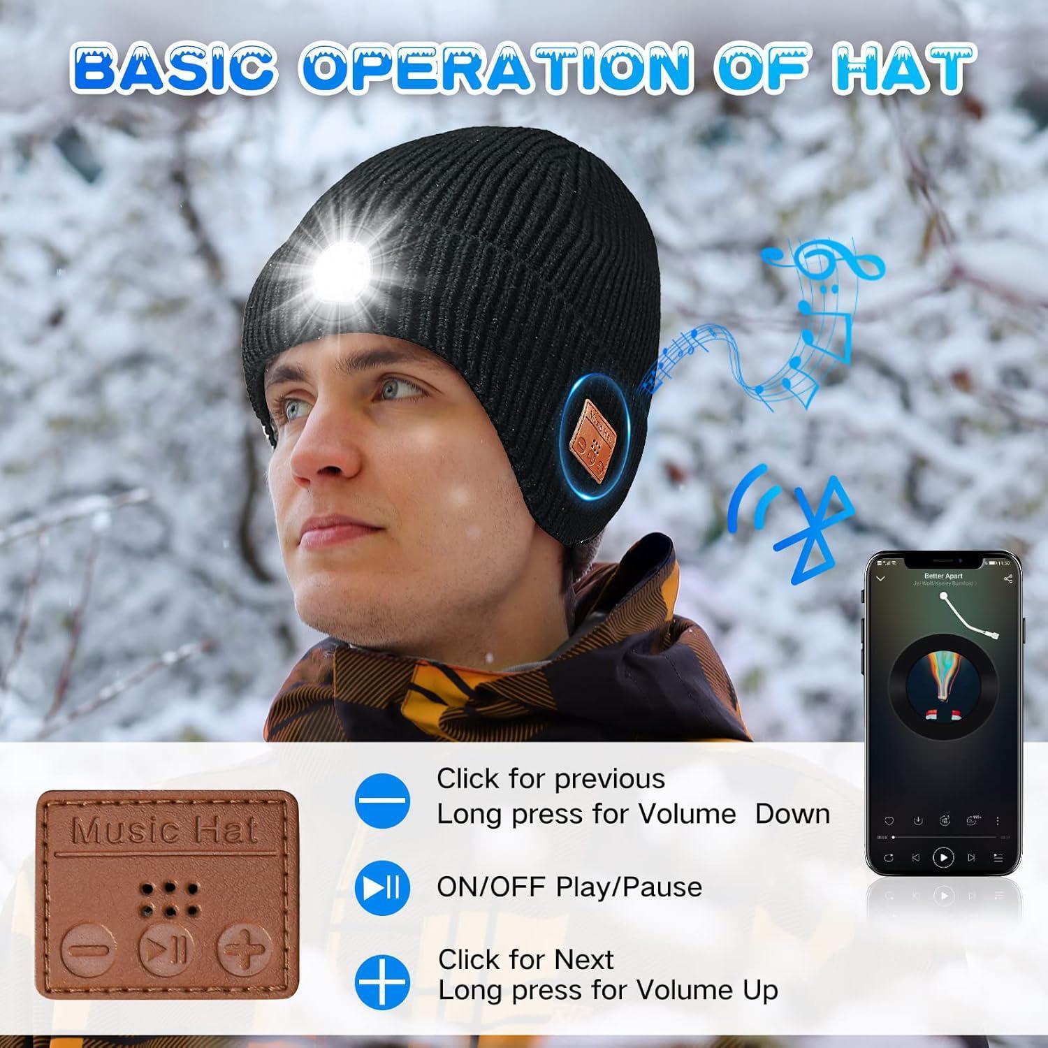 Bluetooth Beanie with Light, Unisex USB Rechargeable  Headlamp Cap with Headphones and Built-in Speaker Mic,Unique Christmas Birthday Gifts for Men Husband Teen warm beany Knit Balaclava Outdoor