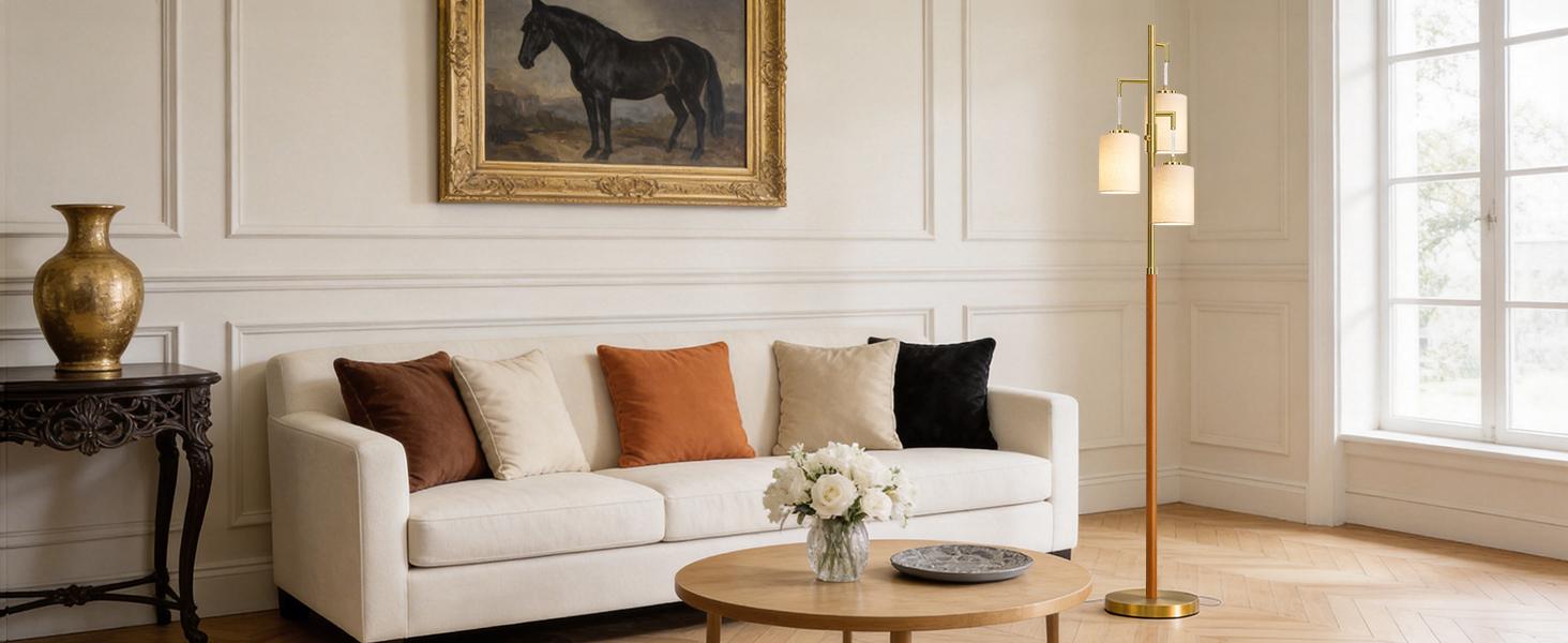 70" Wood Floor Lamp Dimmable Floor Lamps for Living Room Bedroom Mid Century Modern Floor Lamp Gold Standing Lamp Tall Lamps for Office Nursery Reading Elegant Stand Up Lamp, 3 Bulbs Included