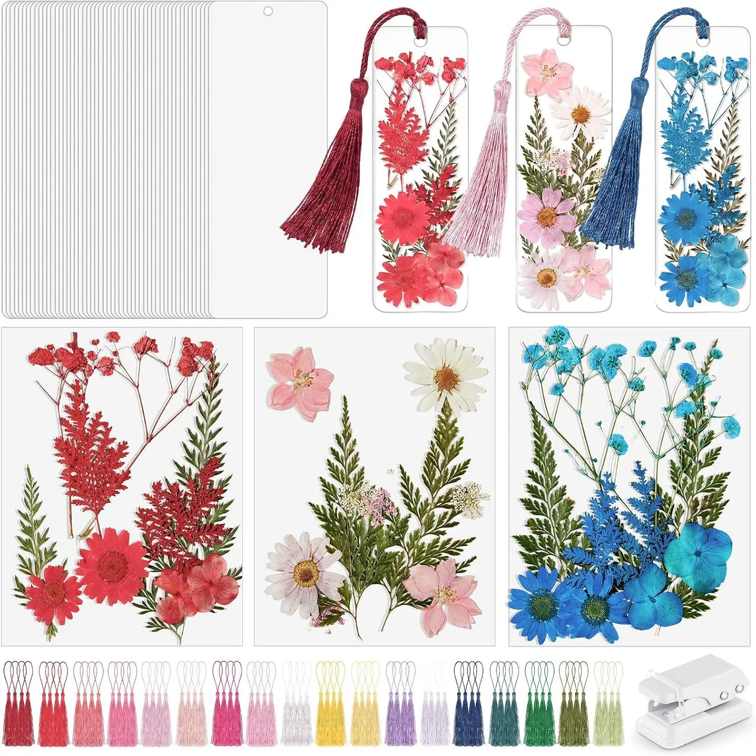 61-Count DIY Pressed Bookmark Making Kit with 2x6 in Laminating Pouches, Tassels, Puncher – Craft Kit for Women, DIY Gift for Book Lovers (Red, Blue)
