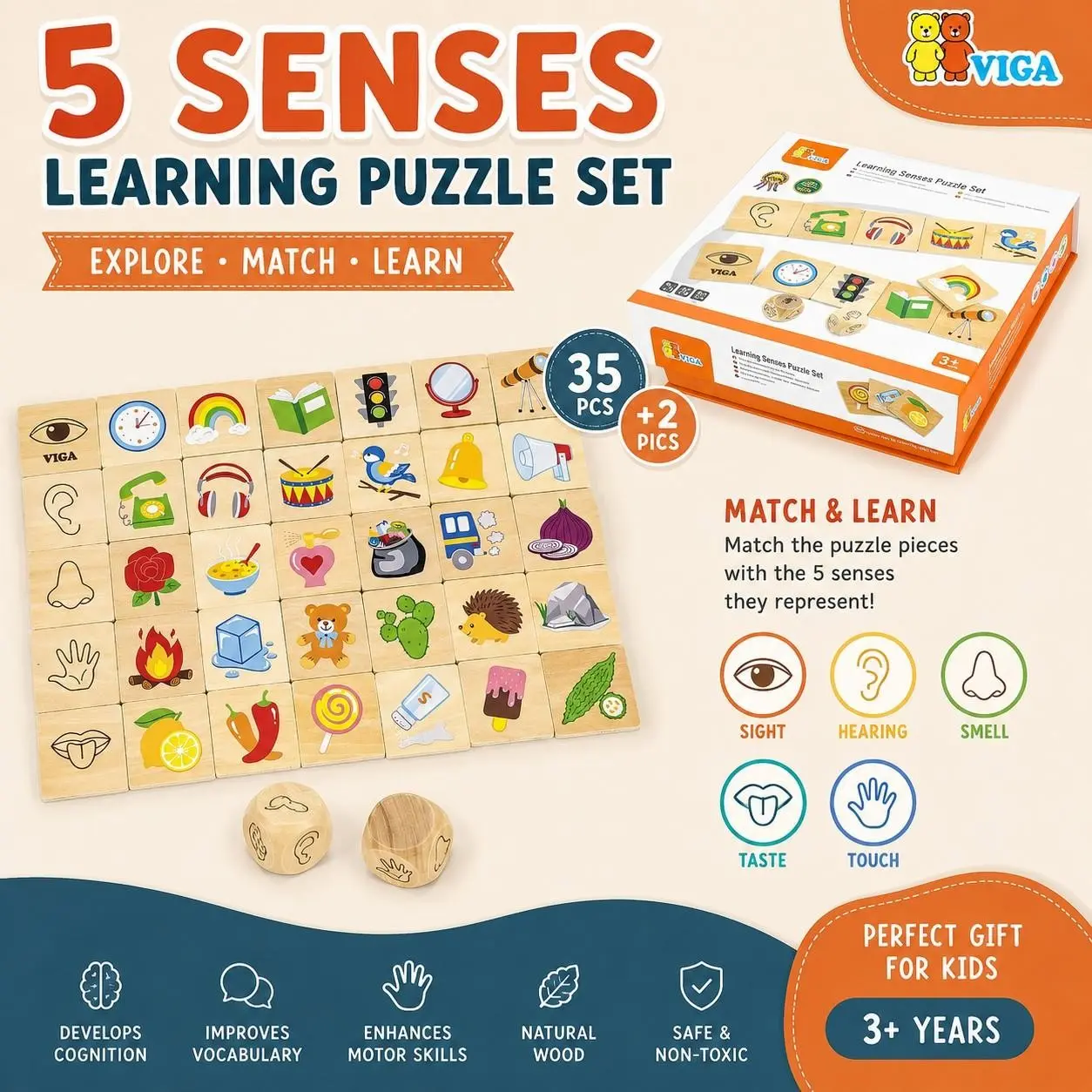 Montessori Sensory Training Puzzle for Kids, 35 Large Wooden Pieces + Dice, Educational Toy for Boys and Girls, Fun Five Senses Game