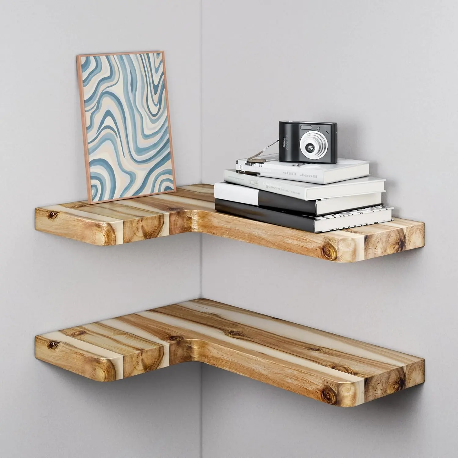 Acacia Corner Floating Shelves 17“x12”, Wall Shelves - Floating Book Shelves for Wall, Corner Bookshelf for Home Decor - Wooden Shelves with Bracket and Hardware, Boho Decor (Natural Color)