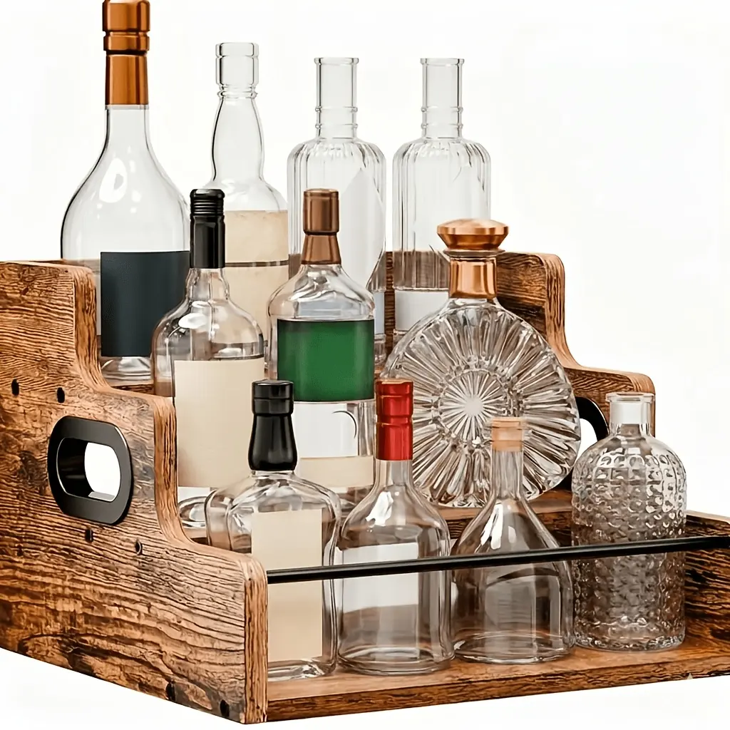 LDQ Classic 3-Tier Durable Rustic Wood Freestanding Kitchen Countertop Organizer Stand - Liquor Bottle Display Shelf, Coffee Syrup Storage Box, with Handles & Metal Rails, Easy Assembly Tool Included
