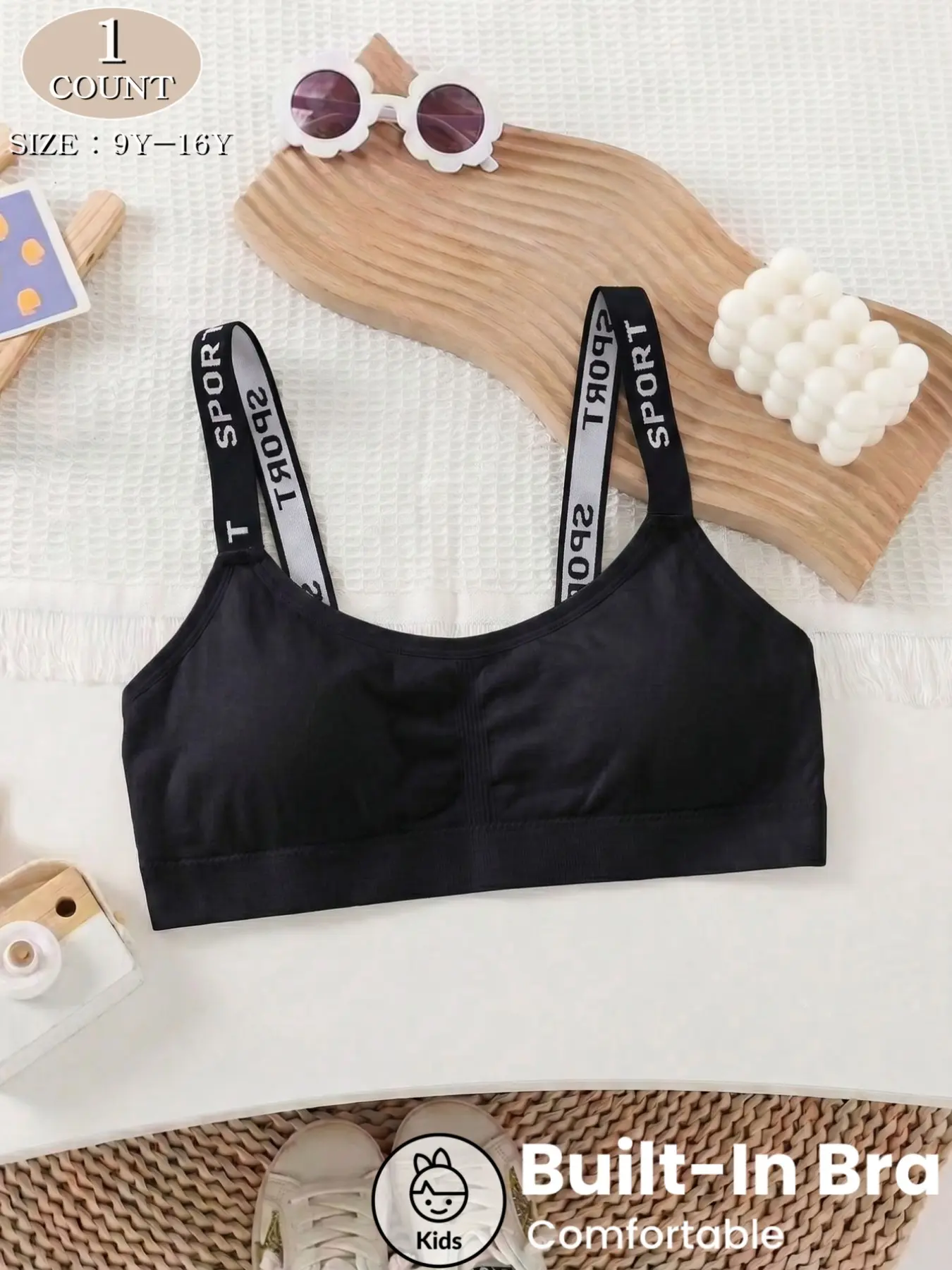 Girls' Sports Bra with Pads, Comfortable Breathable Teenage Underwear, Teen Bras, Casual Plain Tank Top, All Seasons Wear, Ages 9-16