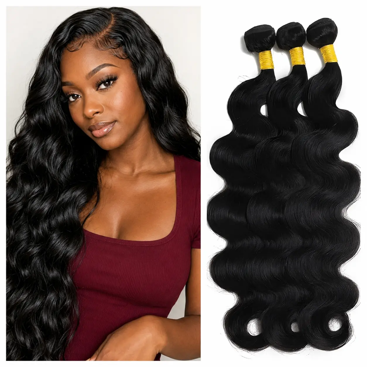 Human Hair Blend Body Wave Bundles, Natural Black Soft Full Wefts with Natural Shine for Quick Weave & Sew-In Extensions for Black Women