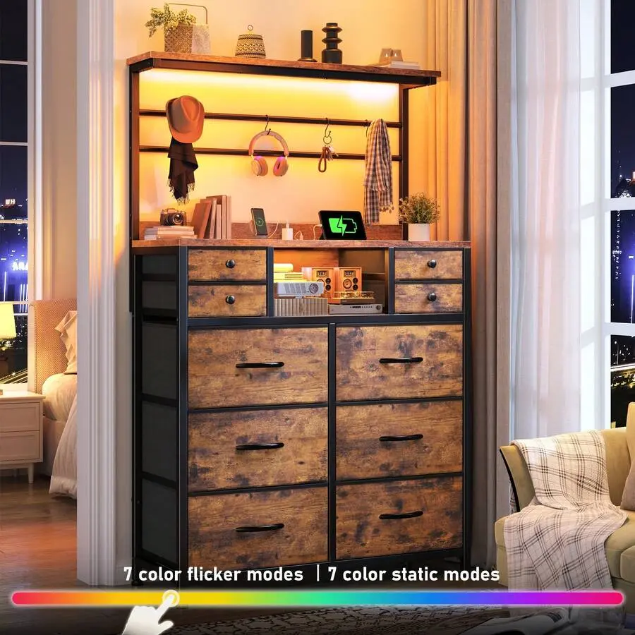 Tall 10-Drawer Dresser With Charging Station & Open Shelves, Nightstand With Storage Hook,Versatile Storage Unit Bedroom And Entrance Hall,Rust Brown
