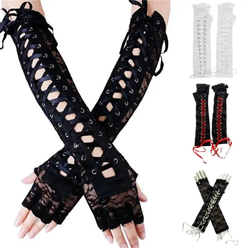 Women's Gothic Punk Fingerless Fishnet Mesh Gloves - Elbow-Length Lace Accessories for Cosplay, Party Wear