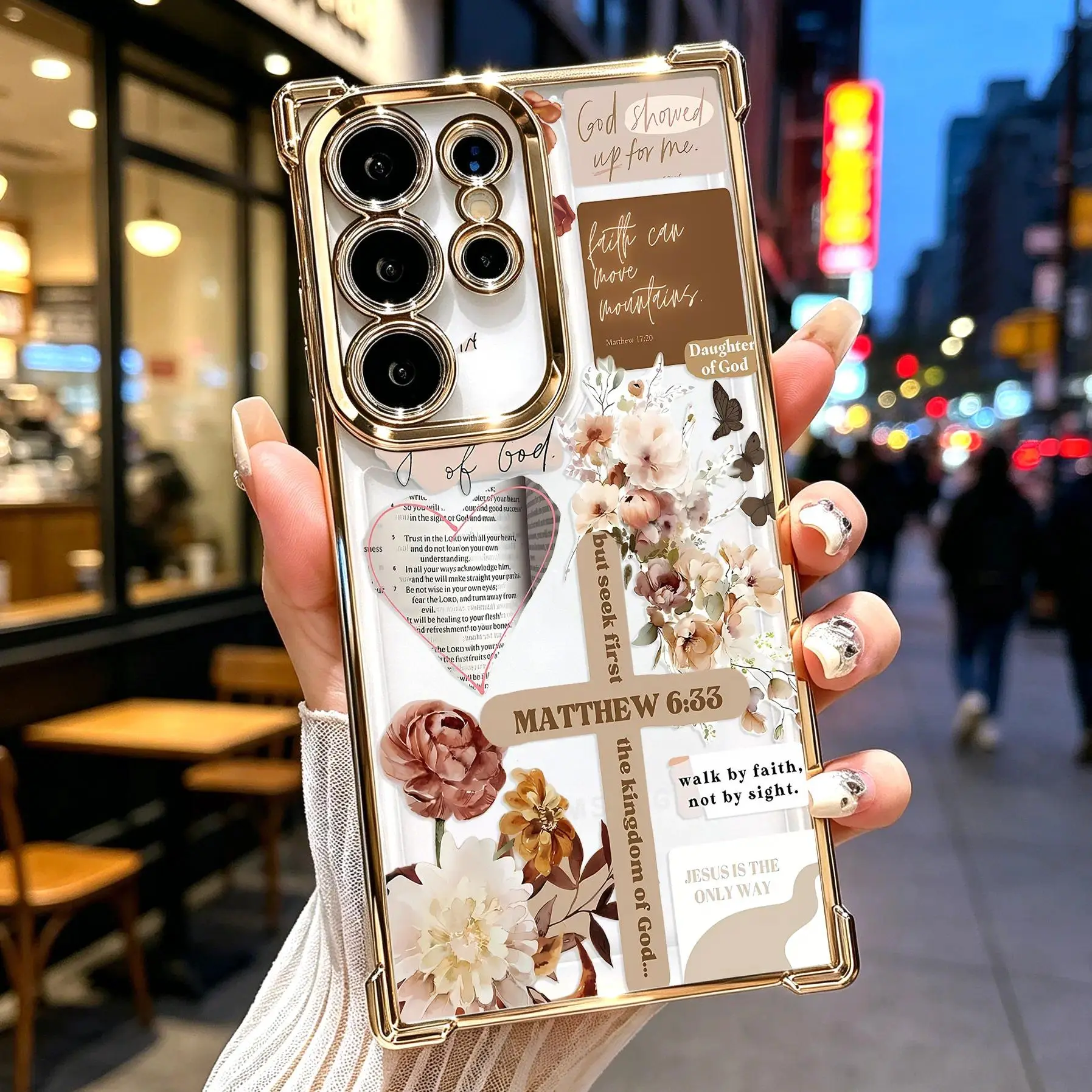 Faith & Grace Cross Pattern Phone Case, Electroplated Cover with Airbag Shockproof Slim Soft TPU Cover for Samsung S 23 24 25 Ultra Plus FE Phone Cover, Christian Floral Bible Verse