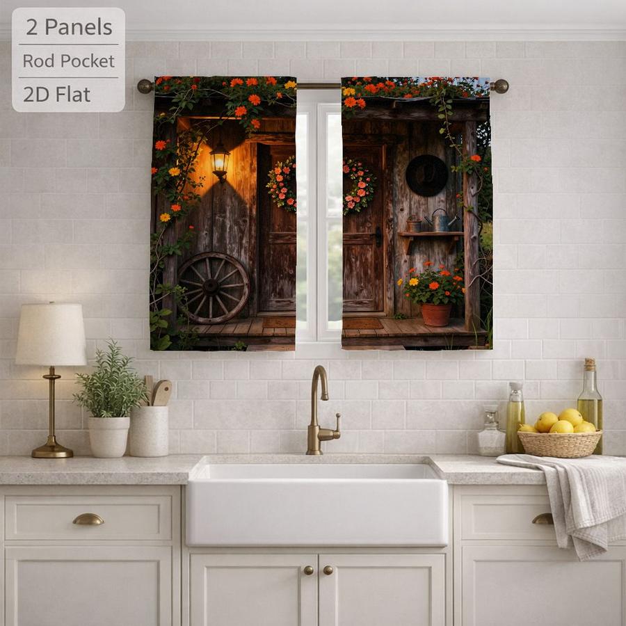 Rustic Farmhouse Cabin Door Floral Vine Sun Blocking Curtains 2Pcs Digital Printed Rod Pocket Window Treatment for Bedroom Office Kitchen Living Room Study Home Decor Multiple Sizes Easy Installation