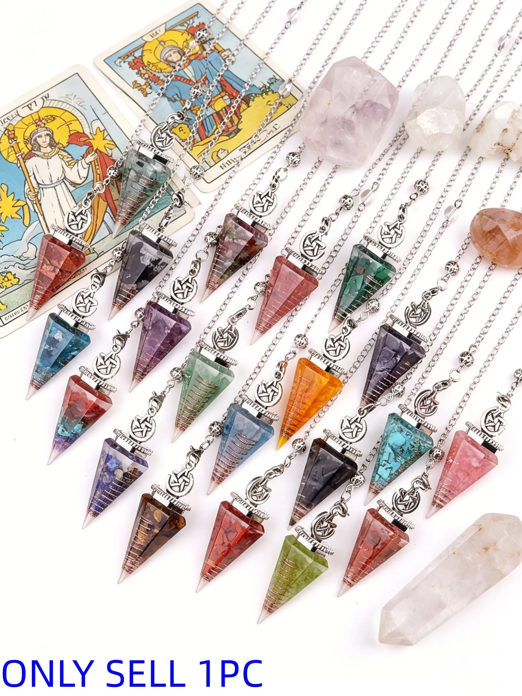 1pc Natural Crystal Pebble Chip Pentagram Symbol Orgon Crystal Spirit Pendulum Pendant, Spiritual Energy Aura Chakra Balance Crystal Healing, Supernatural Magic Witch Pentagram Magic Circle Tarot Card Meditation Spiritual Divination Pendulum Tool