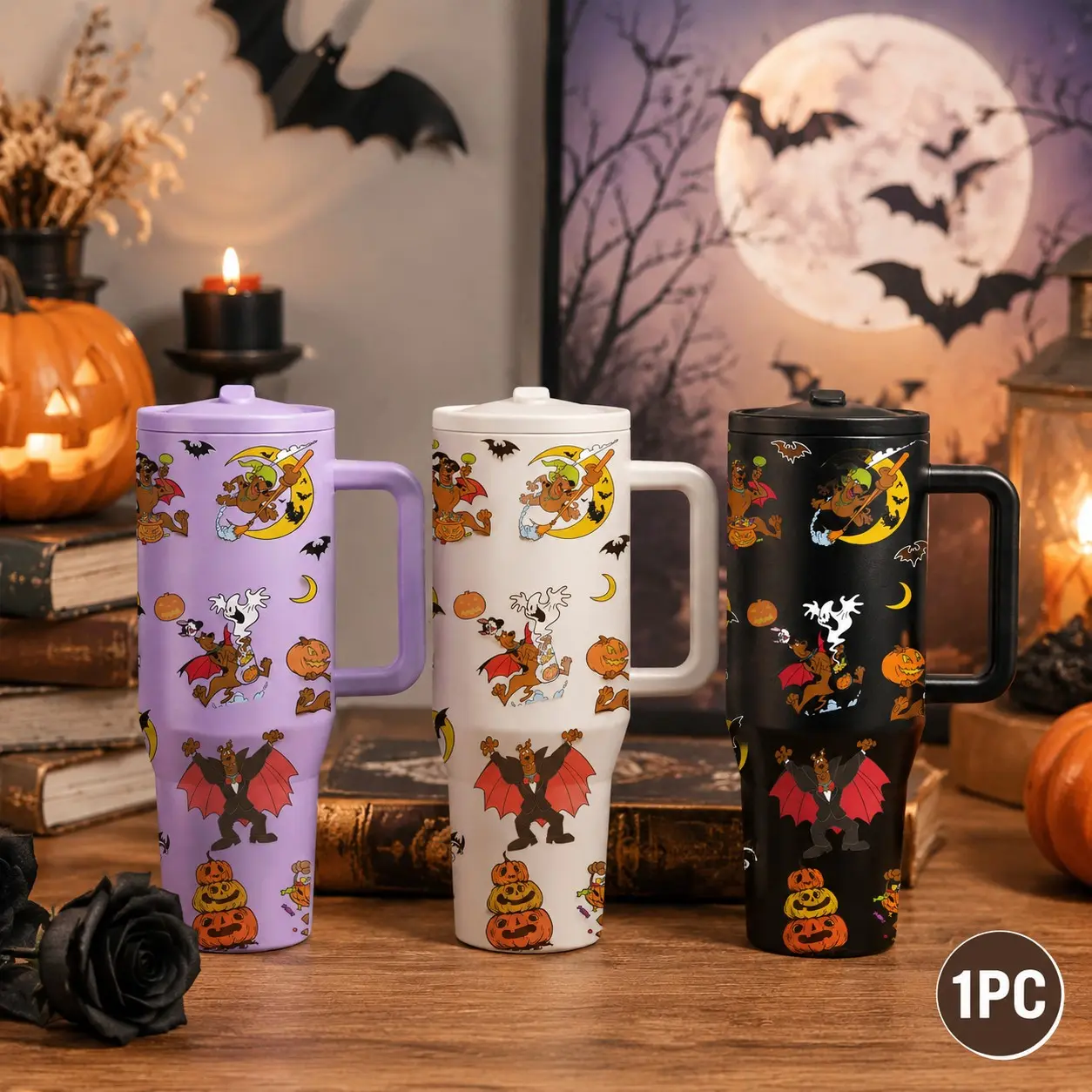 1 PC 40oz Halloween Tumbler with Handle, Cute Cartoon Pumpkin Insulated Stainless Steel Travel Cup, Double Wall Vacuum Water Bottle, Leakproof Coffee Mug, Large Capacity Reusable Cup for Women Men, Fall Gift
