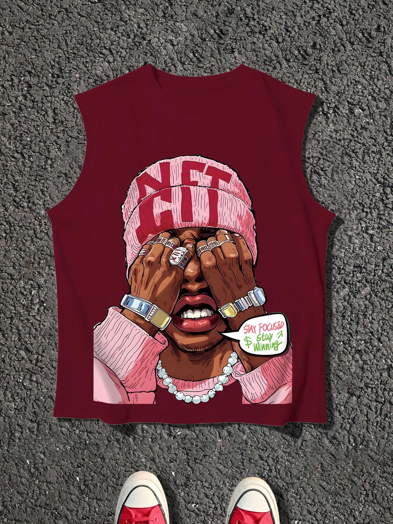 Men's Cartoon Face Print Tank Top, Loose Casual Sleeveless Round Neck Vest for Summer, Men's Top for Daily Wear, Socks