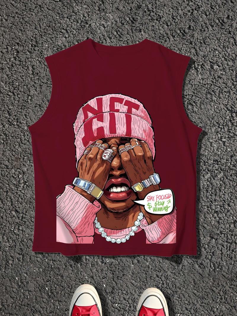 Men's Cartoon Face Print Tank Top, Loose Casual Sleeveless Round Neck Vest for Summer, Men's Top for Daily Wear, Socks