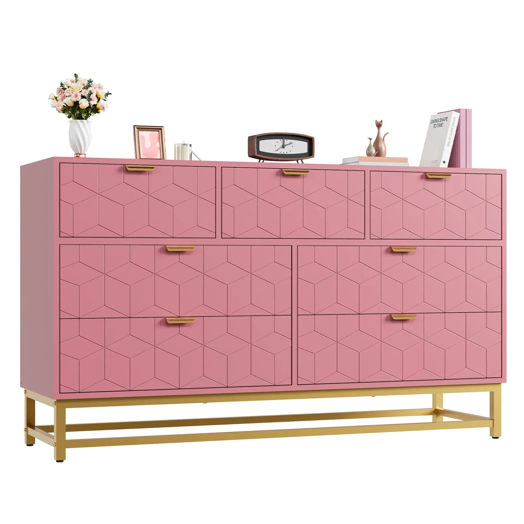 53.5" Modern Blush Pink Dresser with 7 Drawers, Gold Metal Legs, Gold Metal Handles, Elegant Storage Chest Organizer, Dresser for Bedroom & Living Room