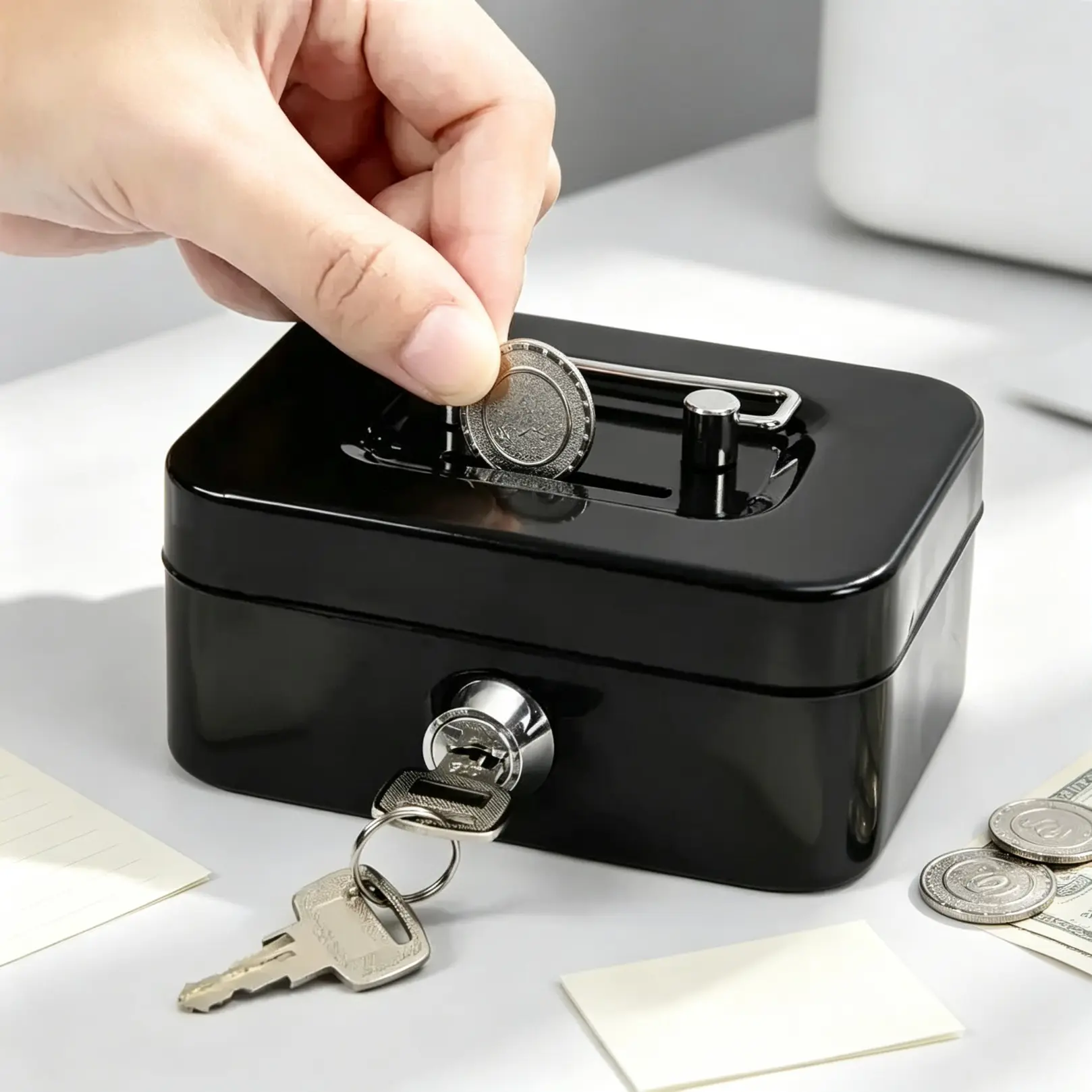 Mini Metal Key-Lock Money Storage Box With Keys, Portable Cash & Coin Deposit Box With Handle, Small Security Safe For Home Bedroom Desktop, For Money Saving And Personal Valuables Storage