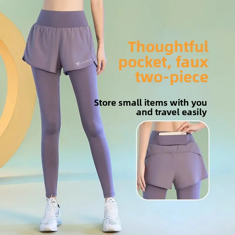 Fake two-piece yoga pants with back pocket for women, high-waisted, butt-lifting, tummy-tightening, running training pants, elastic tight-fitting sports pants,red,unisex,sweatpants,Women's,Fleece,Lined Thermal Leggings,Plus,Size,High Waist Sports Leggings