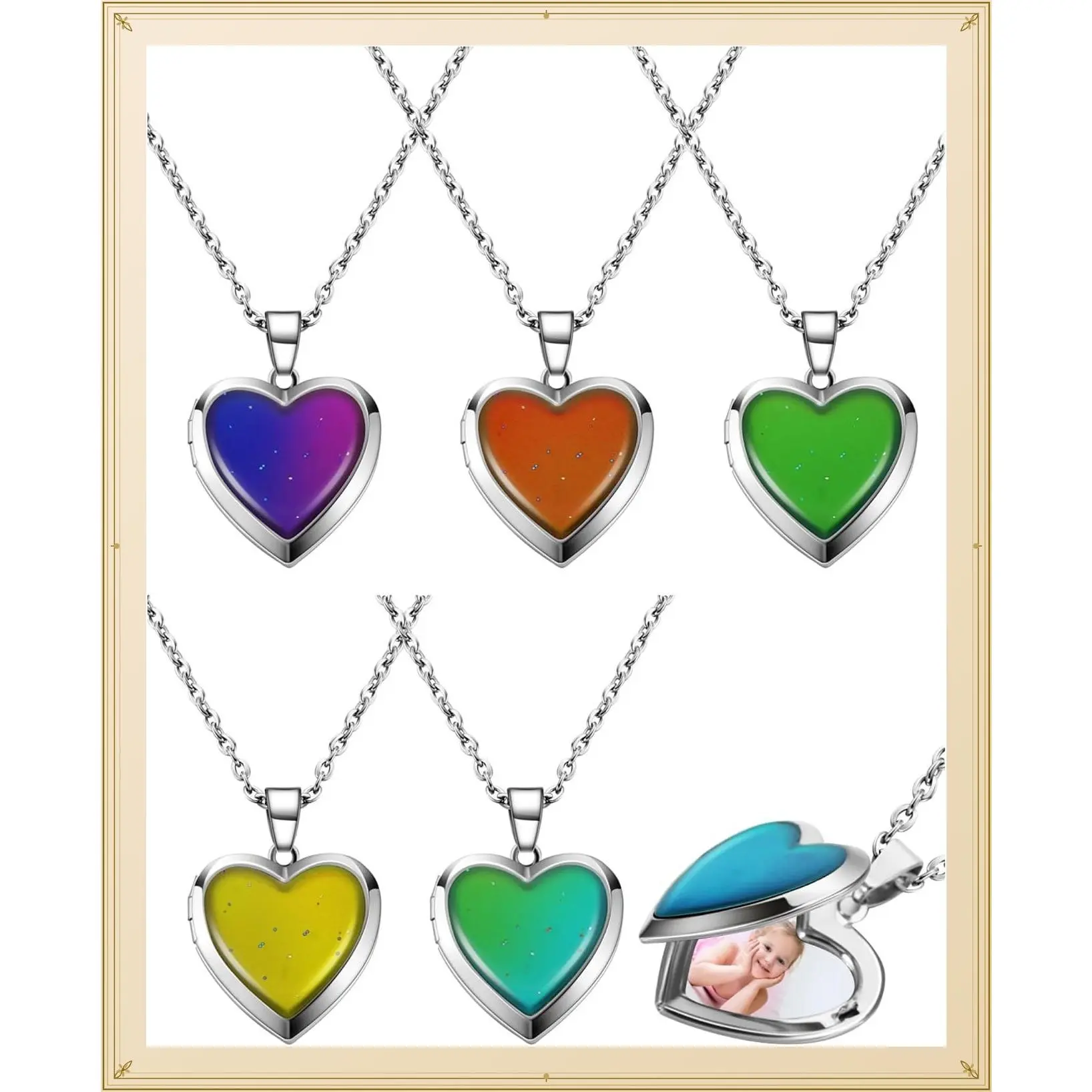 Heart Mood Locket Necklace for Girls Kids Locket Color Changing Necklace Stainless Steel Temperature Sensing Mood Heart Shape Photo Pendant Birthday Valentines GiftGift