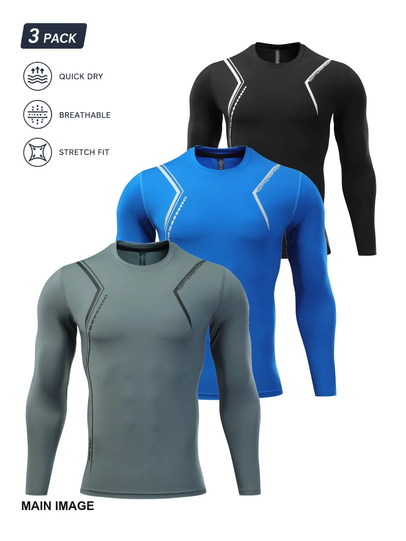 3-Pack Men’s Long Sleeve Compression Shirts, Assorted Black Blue and Gray Quick-Dry Breathable Stretch Athletic Base Layer Tops with Contrast Line Graphics for Gym, Running, Football and Training
