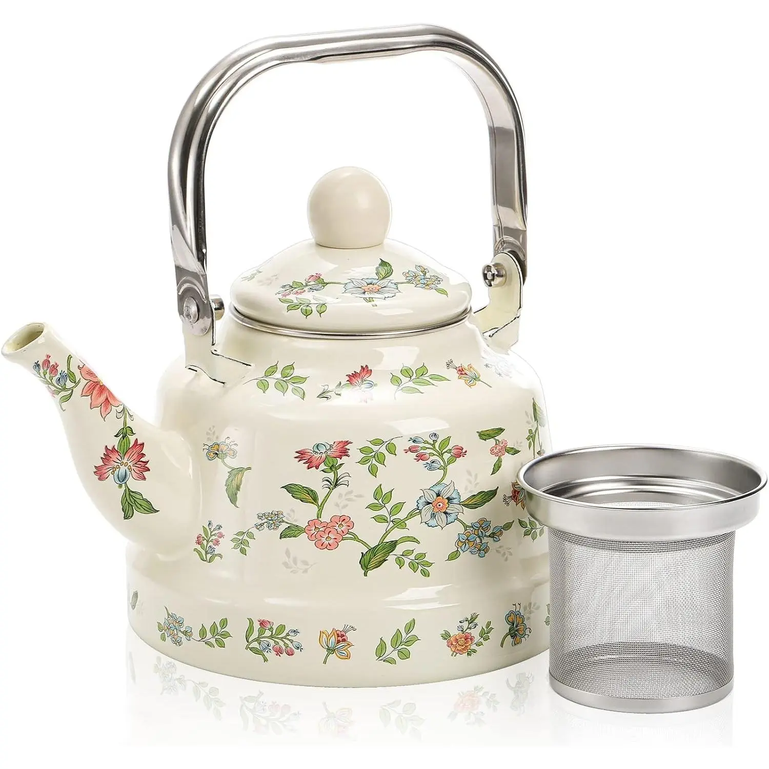 1.8 Quart Vintage Enamel Stovetop Tea Kettle, Retro Green Floral Enamel on Steel Teapot with Removable Infuser for Camping, Great Gift for Wedding Housewarming Easter