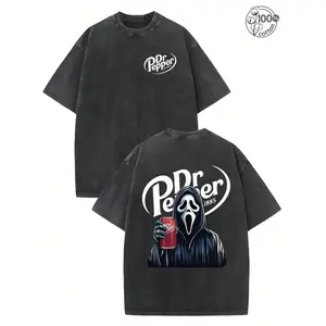 180g[100%cotton]Dr. Pepper Ghost Face Horror Halloween Double-Sided T-Shirt for Men & Women, 230g Washed Batik Retro Thick Cotton, Loose Fit, Round Neck, Short Sleeve, Ideal for Couples, Summer Streetwear