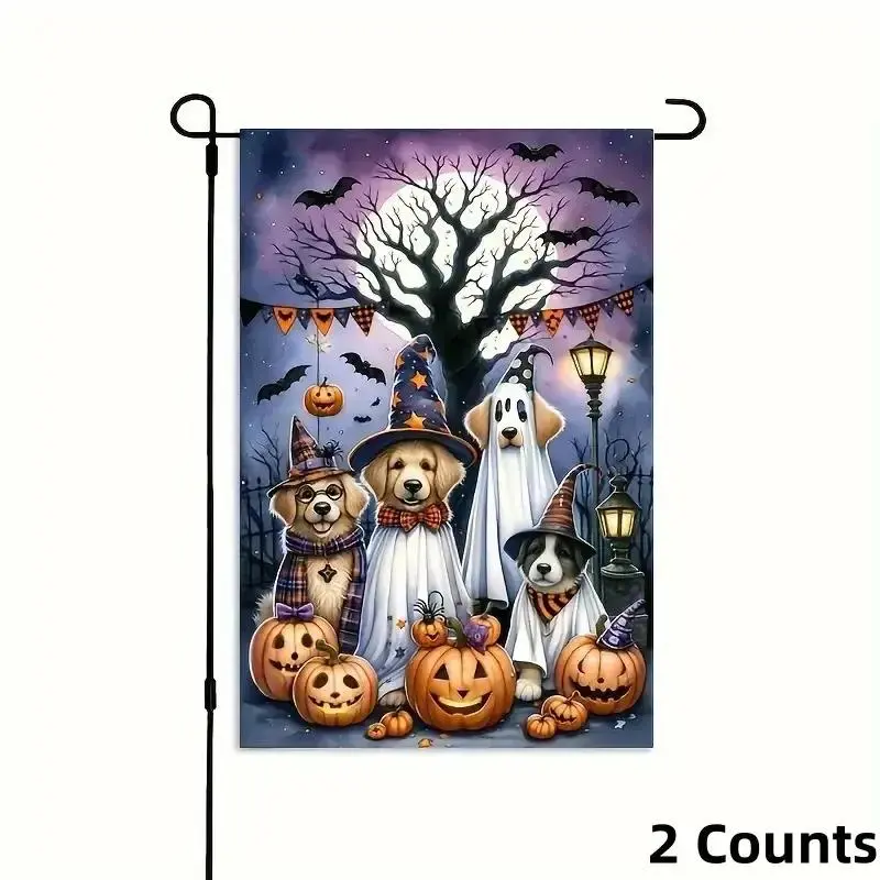 Halloween Garden Flag, Double-Sided Linen Welcome Banner with Pumpkin Ghost Dog Design, 30.48x45.72 Cm Outdoor Halloween Decoration