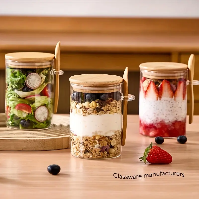 2/3 Pack High Borosilicate Glass Oatmeal Cups 21.12oz with Bamboo Lid & Spoon Cereal Containers
