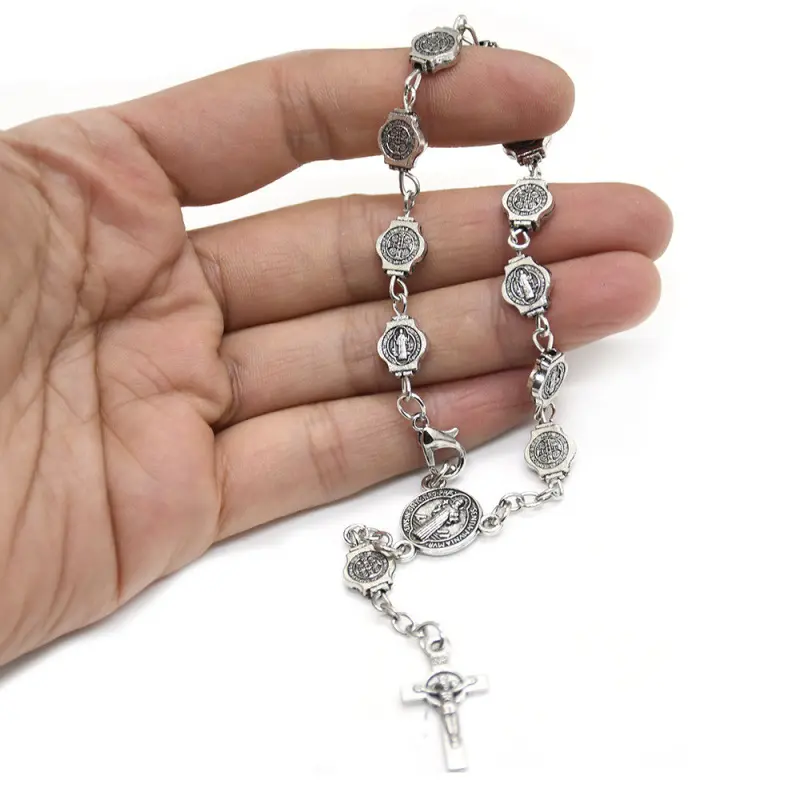 Unisex Vintage Silver Cross Rosary Bracelet Zinc Alloy Catholic Religious Jewelry Gift for Christmas Birthday, Casual, Commemorative, Cross Pendant, Rosary Chain