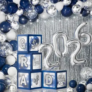 2026 Graduation Decorations - 86 count Graduation Party Decor Supplies Set Includes LED Light Strings Balloon Block Boxes with Letters Foil Curtains Backdrop 2026 Balloon Kit- Navy Blue & Sliver