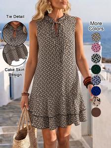 women's all over geometric print frill trim tie neck tiered layer ruffle hem tank dress, bohemian breathable casual sleeveless short dress for summer, ladies clothes for beach holiday vacation, womenswear, boho clothes women