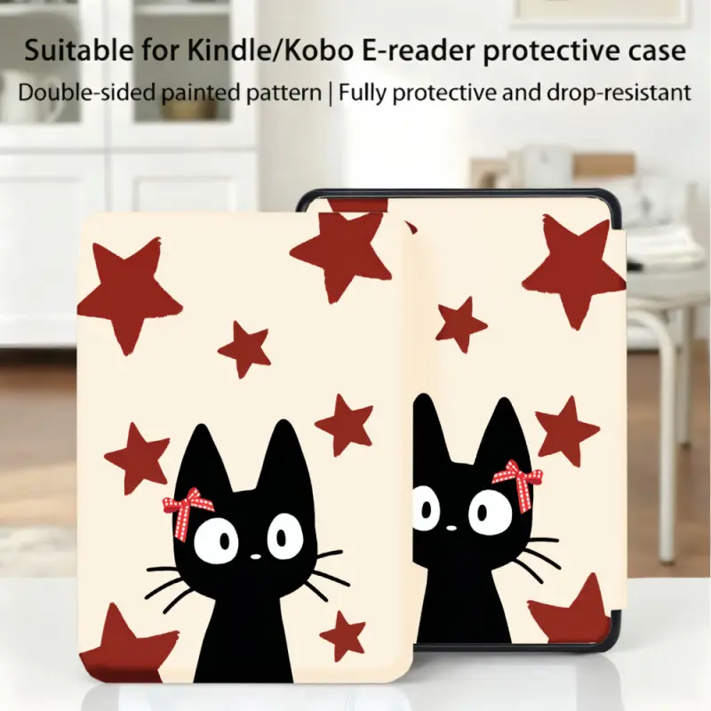 for Kindle/kobo/Tolino Case Black Cat With Red Stars for New Kindle 11Th 2019, for Kindle 11th Generation Case for Kindle 11Th (2022/2024), 6-Inch, 7-Inch Kindle Paperwhite 12Th Generation 2024 Vision Color (2024) /Vision 6 (2021）/Shine Color (2024), Faux