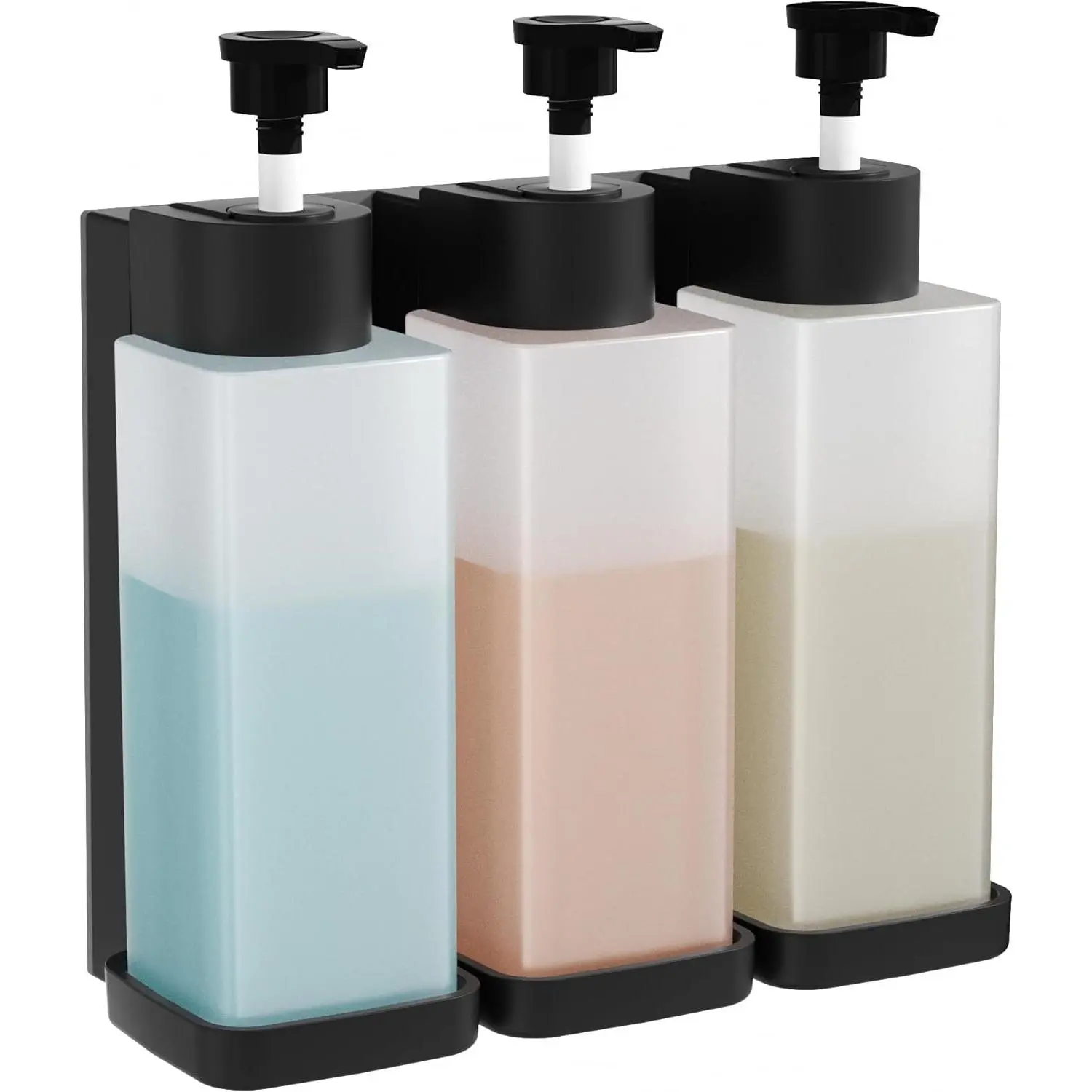 Shampoo and Conditioner Dispenser, Shower Soap Dispenser Wall Mounted 10fl oz/300ml *3 Chamber Shampoo Bottles Refillable with Black Pump for Bathroom Hotel, Grey