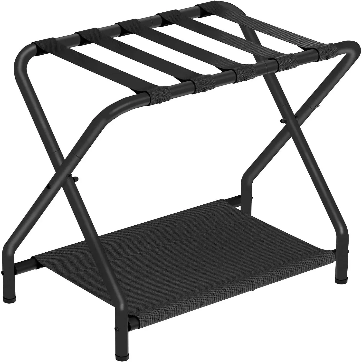 Luggage Rack, Folding Suitcase Stand with Fabric Storage Shelf for Guest Room, Bedroom, Hotel, Holds up to 100 lb, 27 x 15.3 x 22 Inches, Space Saving, Black BK04XL01