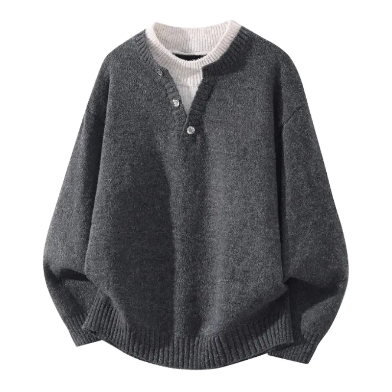 Dark gray fake two-piece henley knit sweater with contrast white ribbed inner collar, three button placket, thick soft knit fabric, relaxed oversized fit, casual vintage long sleeve pullover for autumn daily outfits