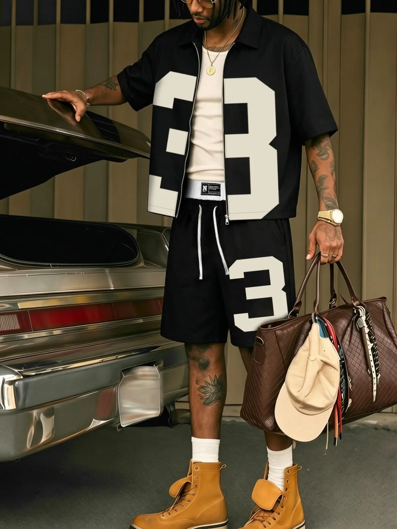 Unisex Casual Shirt and Shorts Set, Zipper Design, Detachable Tie, Comfortable Fabric, Summer Streetwear, Multiple Styles Available