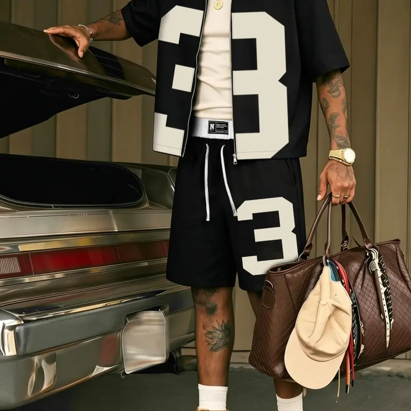 Unisex Casual Shirt and Shorts Set, Zipper Design, Detachable Tie, Comfortable Fabric, Summer Streetwear, Multiple Styles Available