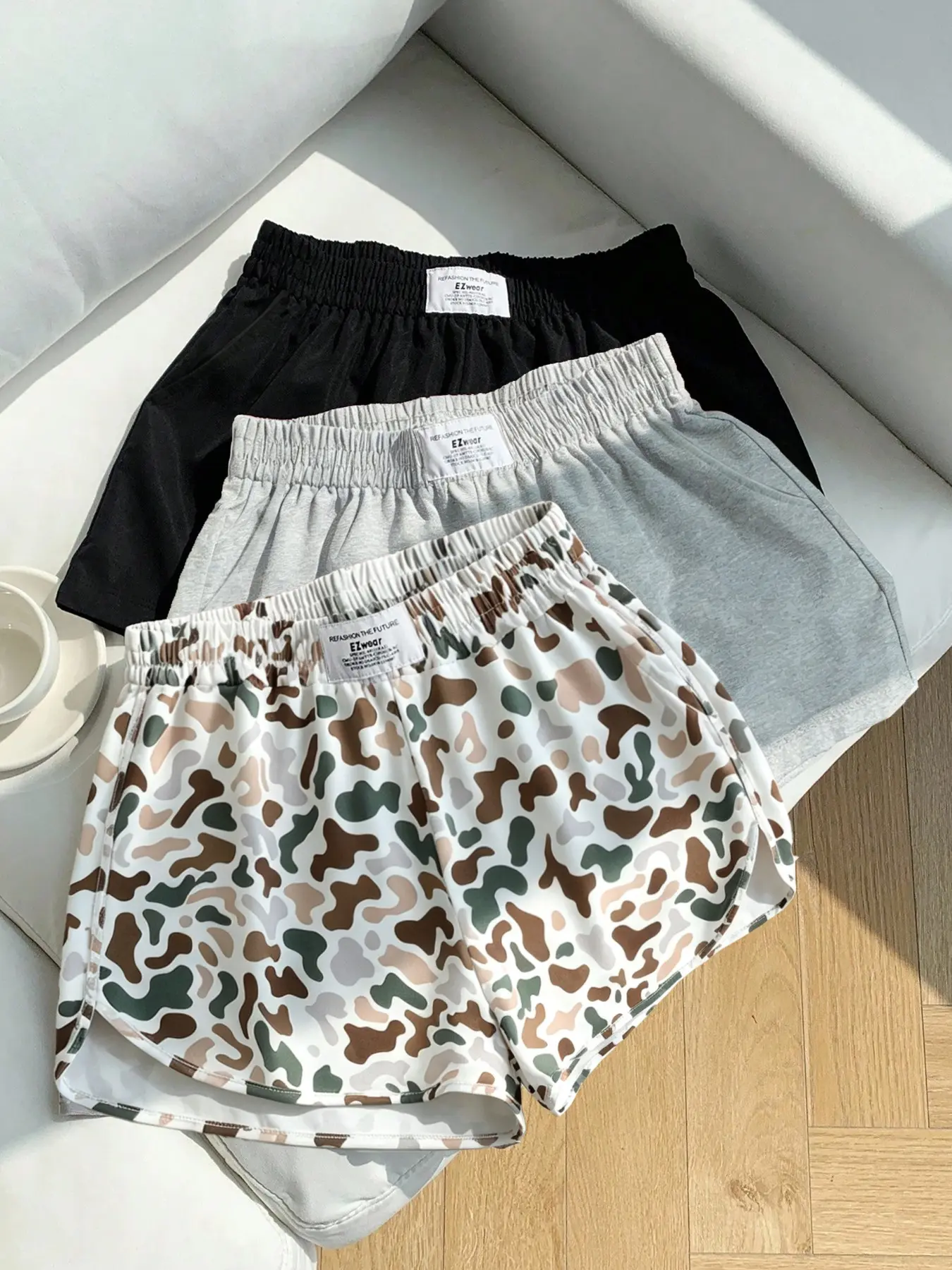 Women's 3-Pack Loose-Fit Sporty Shorts, Elastic Waist, Solid & Camo Print, Ideal for Running, Fitness, Beachwear, Camouflage Sports Shorts