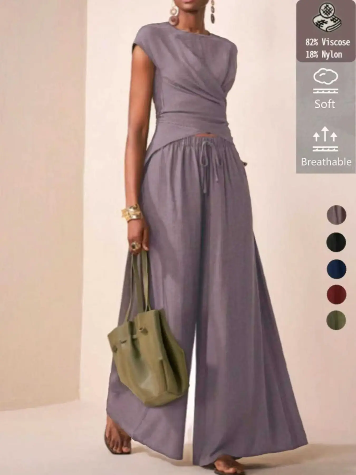 Women's Viscose Waist-Tie Wrap Top, Casual Wide-Leg Pants Set, Comfortable and Stylish for Daily Wear