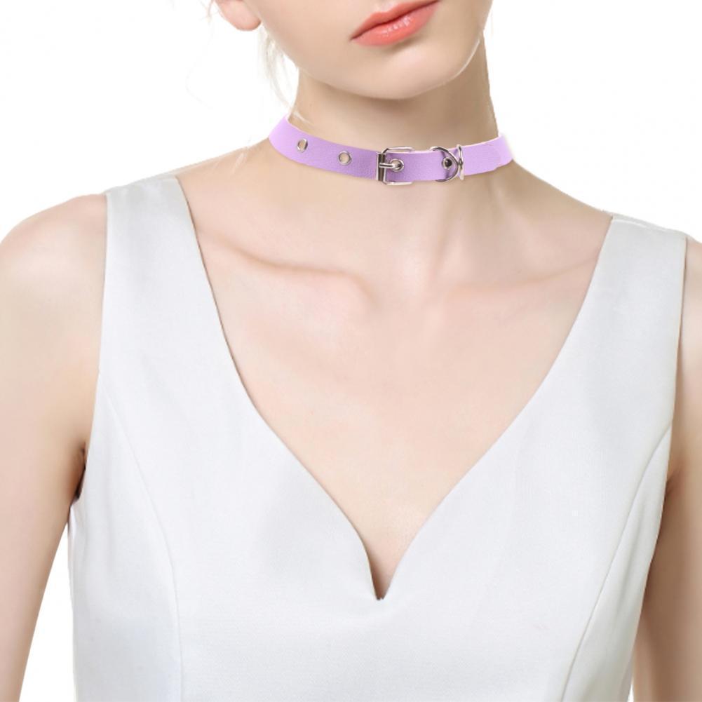 Women Necklace Faux Leather Vintage Punk Style Adjustable Solid Color Bukle Pin Neck Belt Party Club Choker Adult Jewelry
