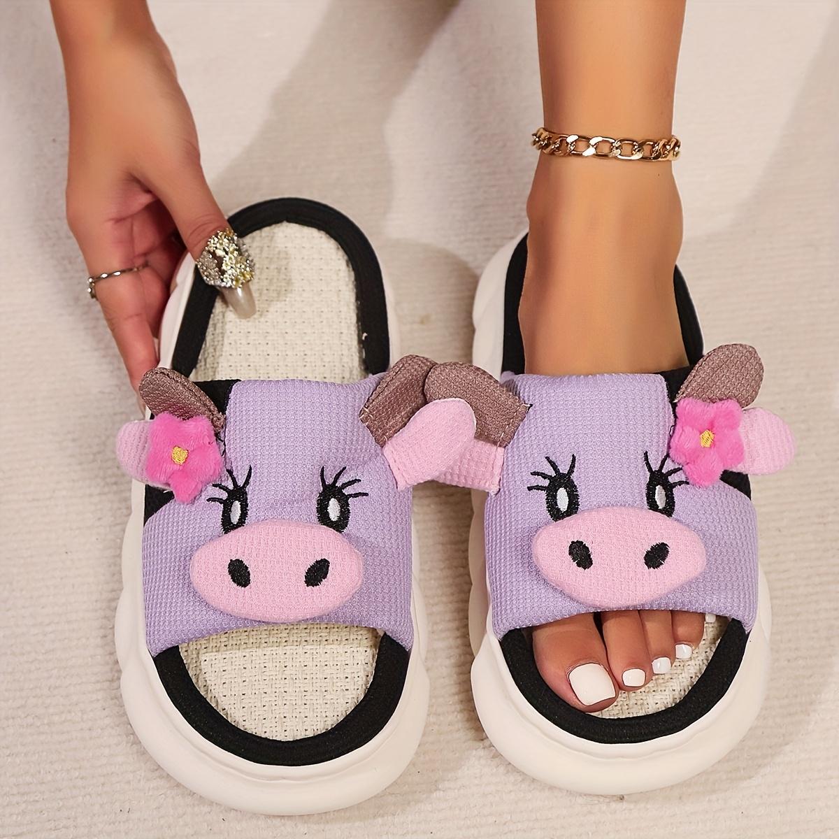 Cute Flower Cow Linen Slippers Indoor Home Use Non-Slip Odor-Resistant Outdoor Thick-Soled SandalsMinimalist Fluffy Home Slippers,Open Toe Bedroom Sandals for Gifts,Casual Soft Pink Bedroom Slippers, Fuzzy Warm Slippers for Women 2025, Walking Shoes