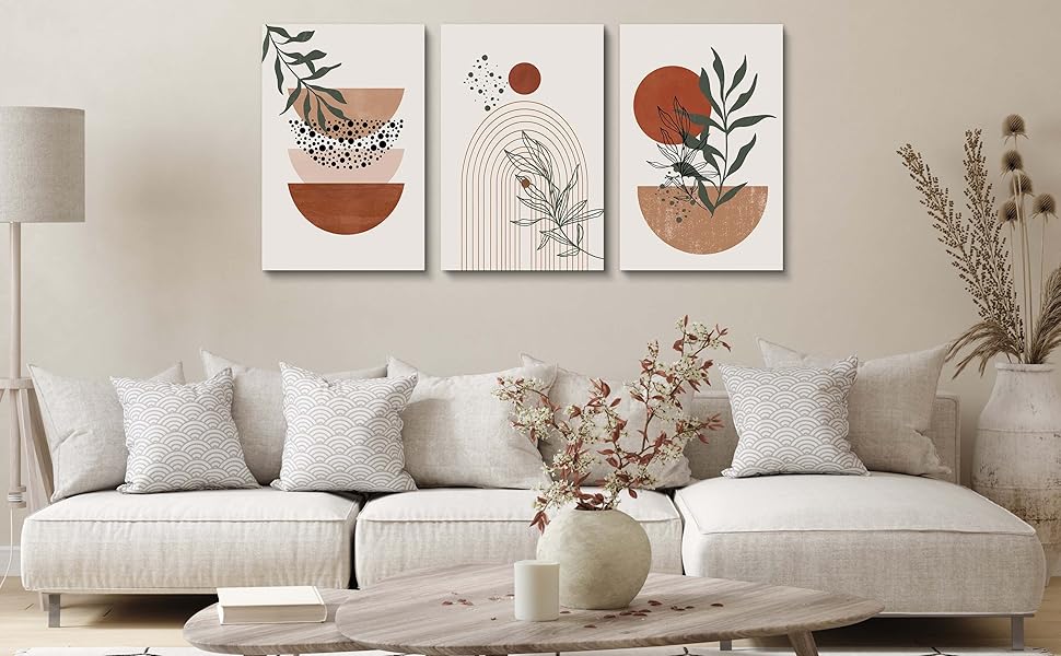 Wall Art Prints, Boho Wall Decor, Abstract Geometric Prints Black Beige Terracotta Minimalist Art, Natural Framed Canvas Prints Artwork For Living Room Bathroom Bedroom Wall Decor