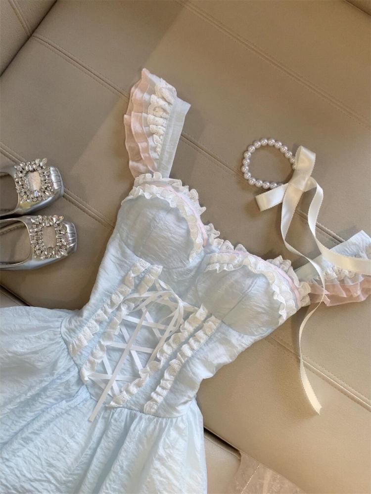 Summer Sweet Fairy Slim Blue Dress Fashion Design Lace Sling Thin Dresses Girl Elegant Chic Square Neck A-line New Outfits 2025