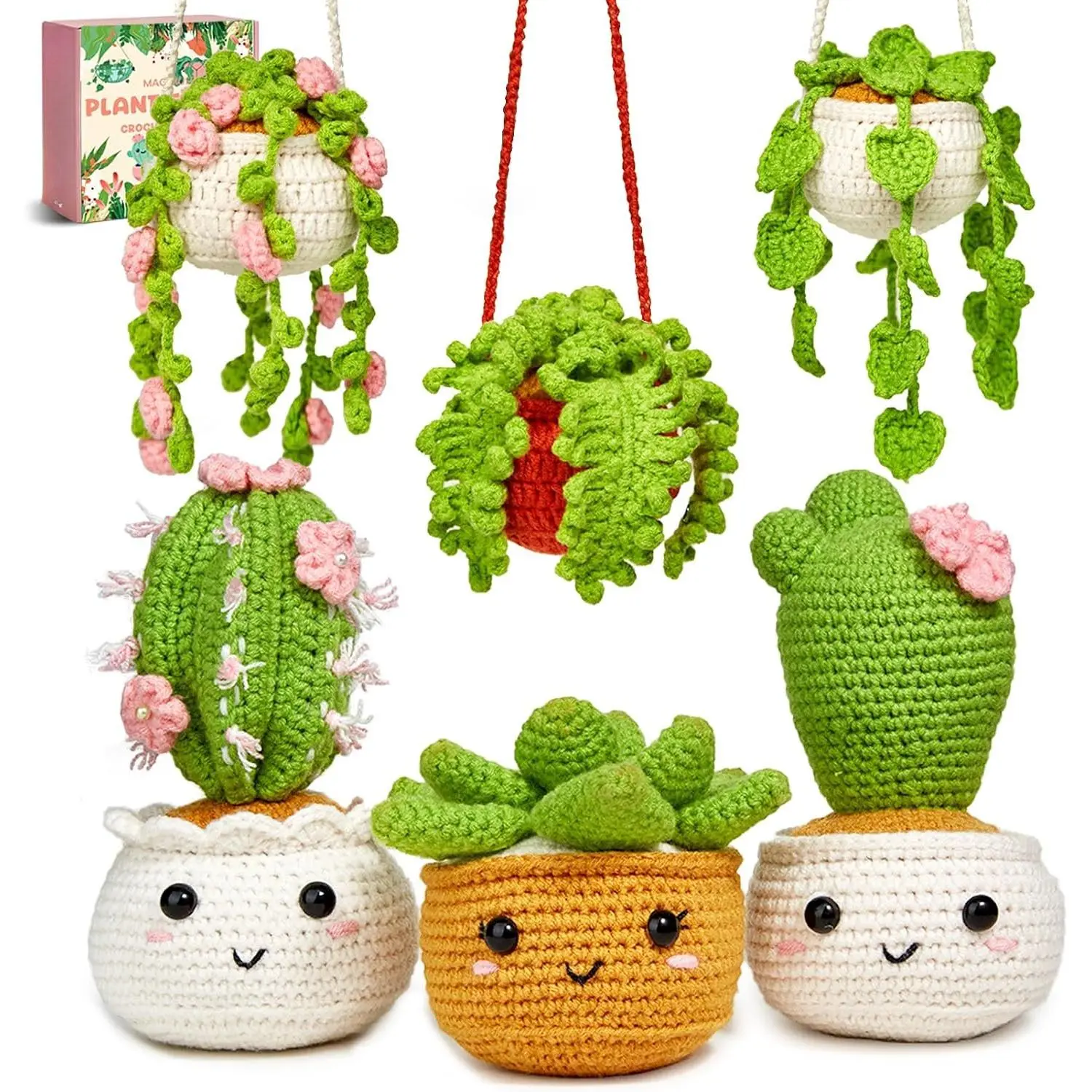 Crochet Kit for Beginners, Crochet Starter Kits, Amigurumi Craft Knitting Crocheting Kits with Step-by-Step Video Tutorials, 6 Pack  Potted  Family(40%+ Yarn)