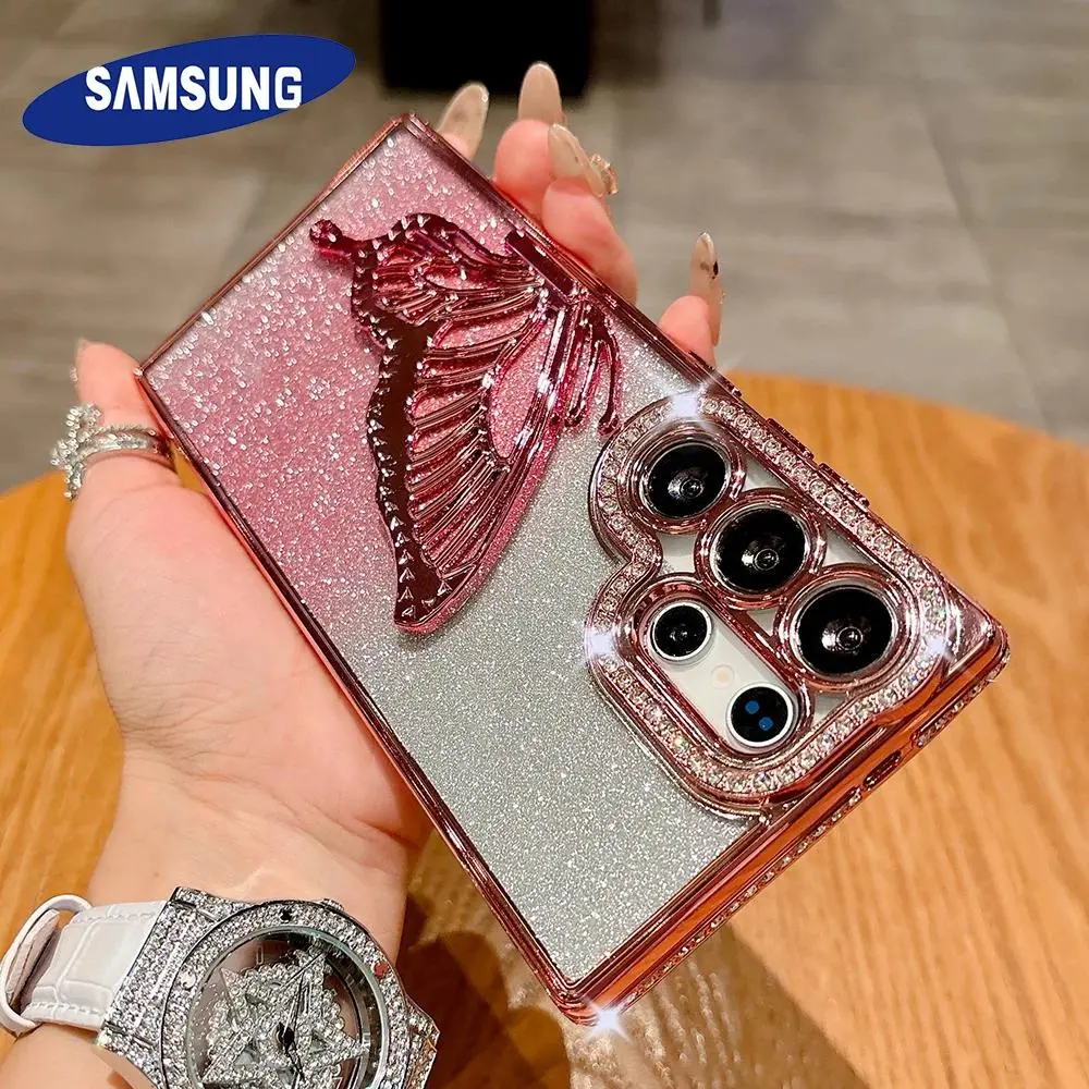 Jewelled Glitter Bling Butterfly Stand Holder For Samsung S25 S24 S26 S22 Plus A73 A54 A16 Waterproof Cartoon Lip Tint Privacy Screen Protector Kit Monogram Pink Striped beautiful max Tough Artistic swirl cou shock decorati mi fisher tempered Cher lov ult
