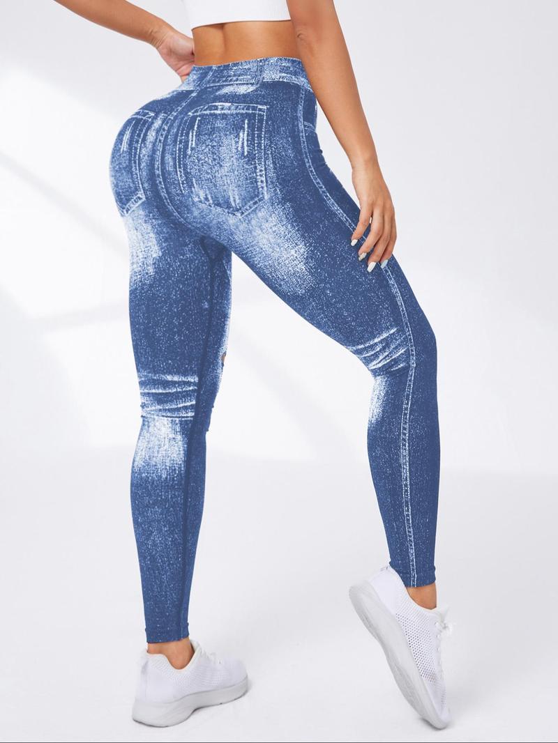 Women's Denim-Effect Print High Waist Sports Stretchy Leggings, Casual Comfy Cut Out Skinny Pants for Yoga Gym Workout Running, Ladies Sportswear Bottoms for All Seasons