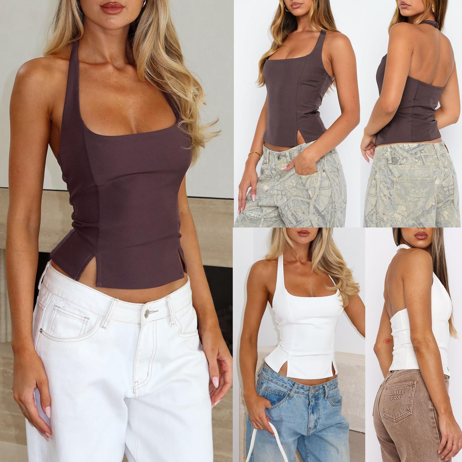 Womens Halter Tank Tops Sleeveless Square Neck Fitted Top Summer Going Out Tops with Side Slits Y2k Outfits Womens Halter Tank Tops Sleeveless Square Neck Fitted Top Summer Going Out Tops with Side Slits Y2k Outfits