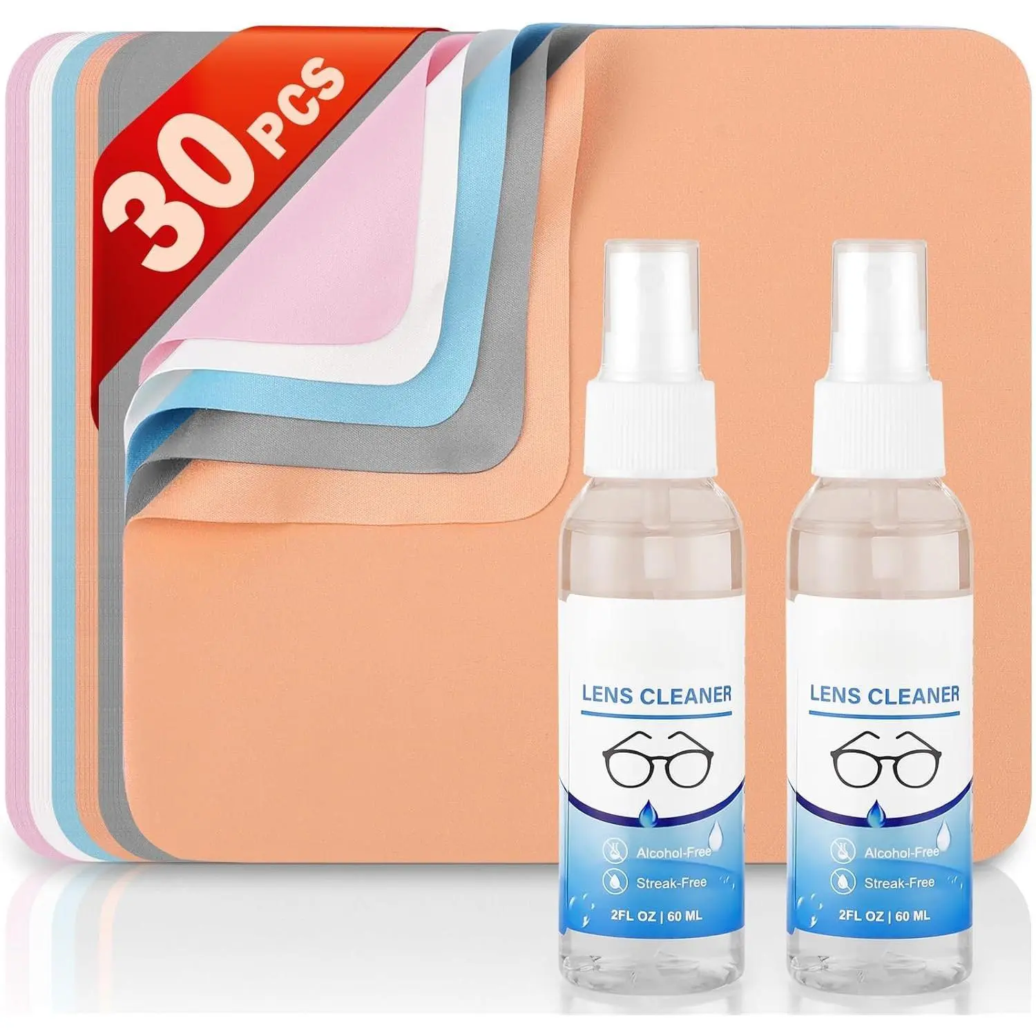 30 Pack Microfiber Glasses Cleaning Cloths with 2 Lens Cleaner Sprays | , Ultra-Soft, 5 Colors, Lint-Free & Streak-Free, Safe for Glasses, Sunglasses, Camera Lenses & Screens