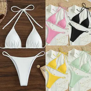 Minimalist Solid String Bikini Self Tie Halter Triangle High Cut Cheeky Swimsuit Stretchy Rib Knit Skin Friendly Beach Bathing Suit For Hawaii Vacation