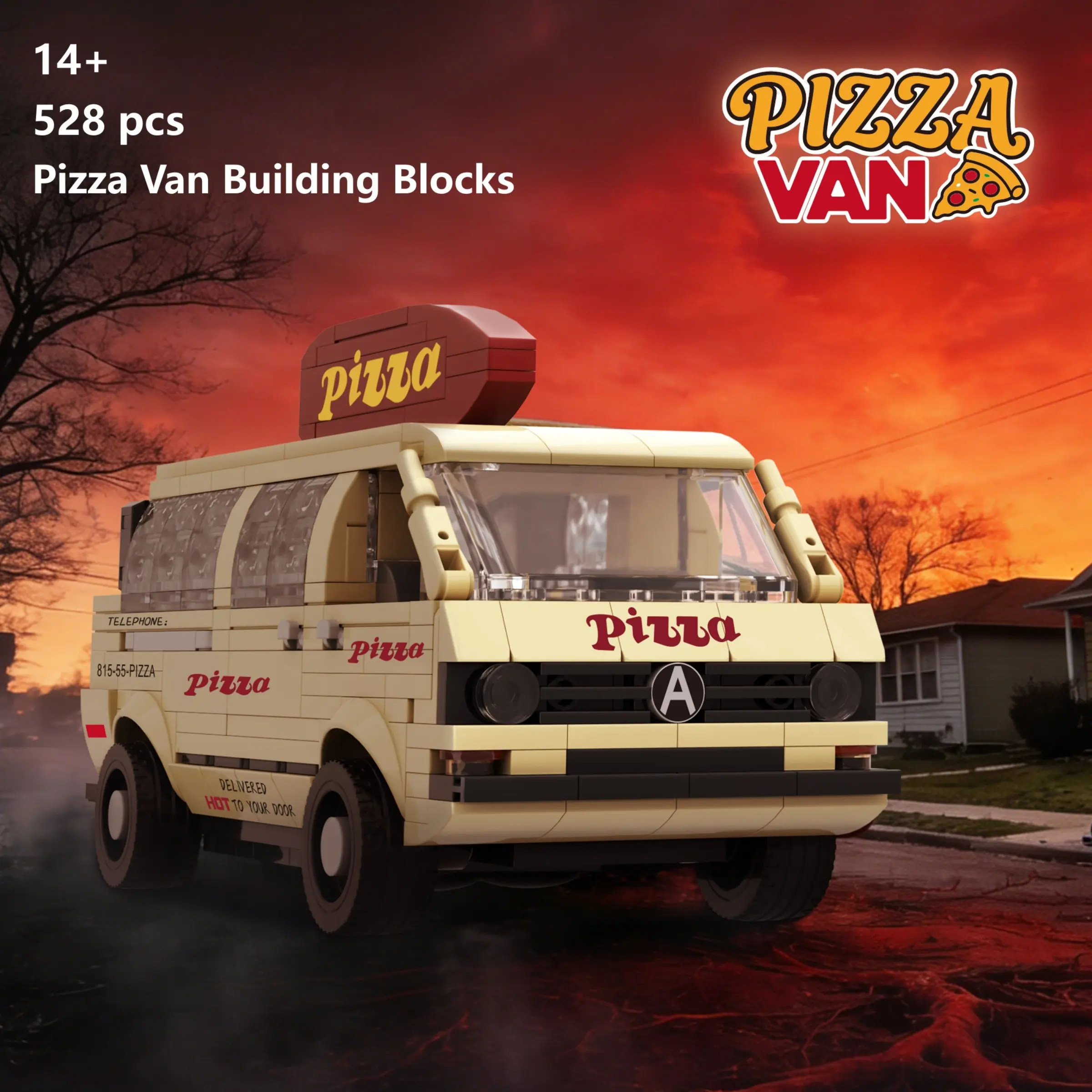 528 Pieces Pizza Truck Building Blocks, American Retro Style, Gift Box, Suitable for Ages 14+, Realistic Car Model Decor