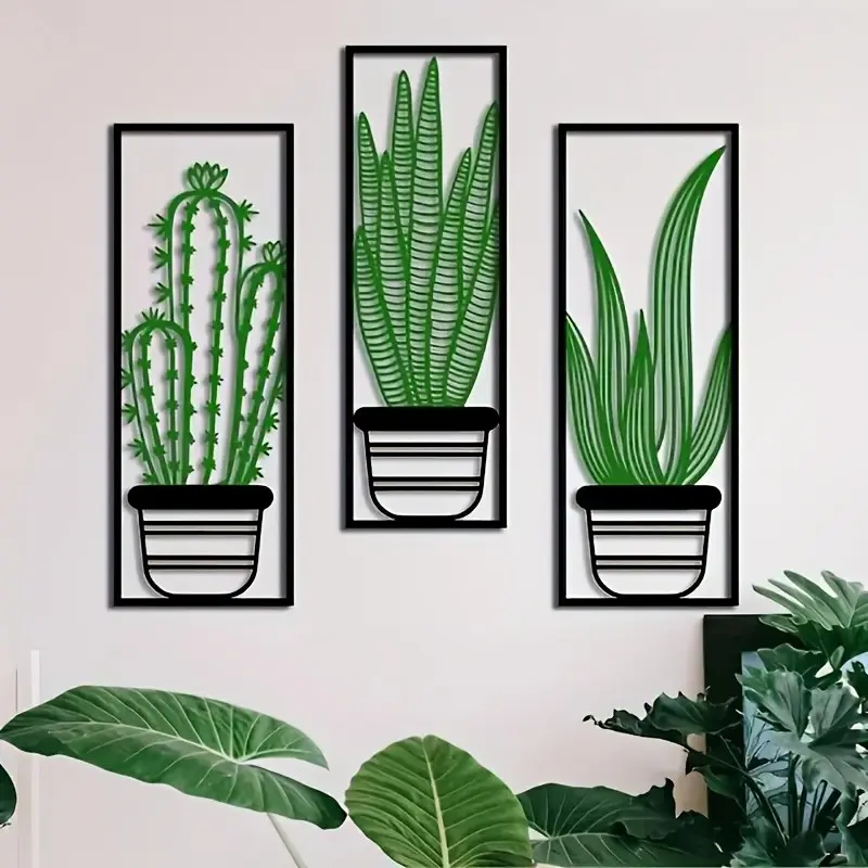3 Piece Modern Cactus Iron Artistic Wall Art, Frame Succulent Design, Home Decor Decoration Items for Living Room, Garden, Balcony, Wedding Gift, Decorative Artwork