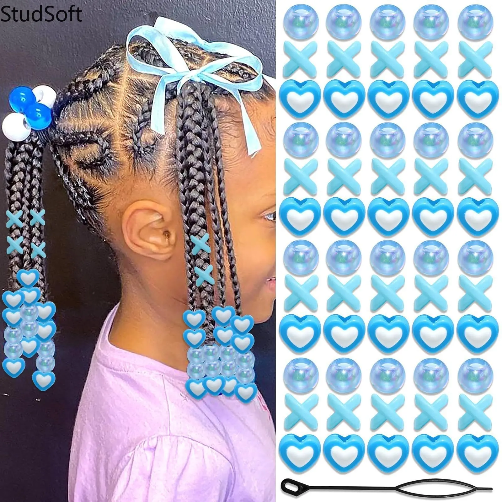 60Pcs Kids Braiding Hair Beads: Blue Heart X Shaped Large Hole Pony Beads with Threader for Girls Toddler Back to School Gift Hair Accessories Set