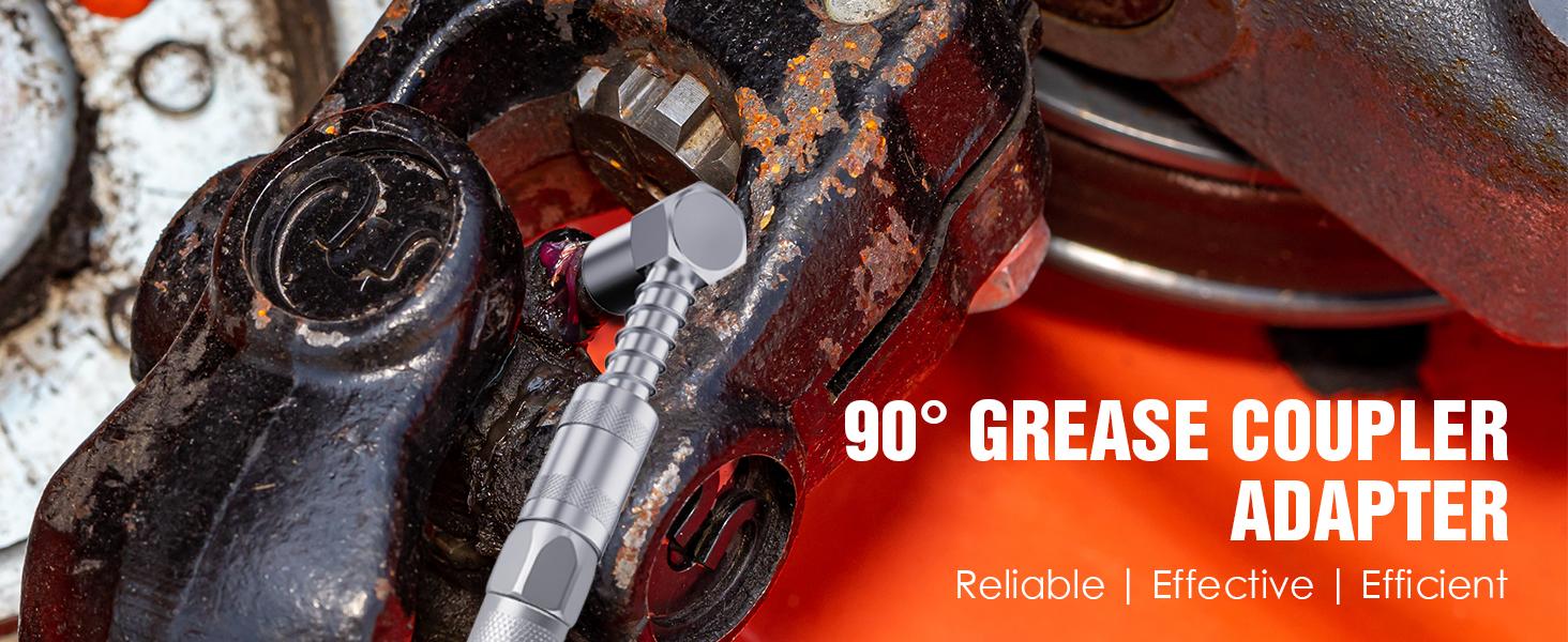 THE WELL KEPT 90 Degree Grease Gun Coupler Adapter - Right Angle Grease Gun Fittings for Tight Spaces, High-Pressure Grease Gun Nozzle Tip – 3-Jaw Spring-Lock for Standard Grease Fittings